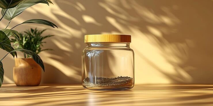 clear glass jar with wooden lid spices wooden table bright natural light 607202 63048