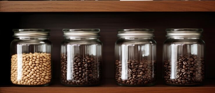 glass jars with coffee beans cane sugar kitchen cabinet shelf 872147 76332