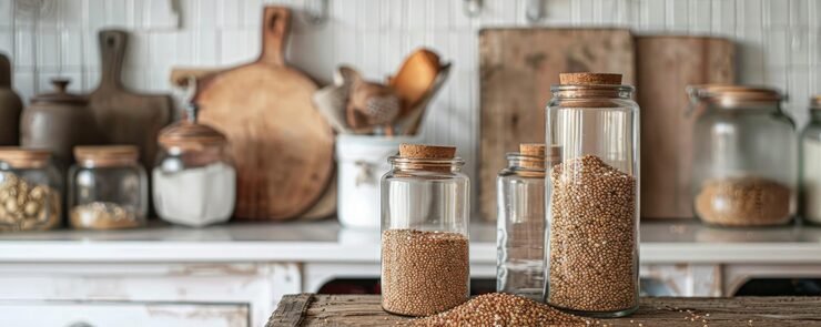 kitchen scene with buckwheat groats glass jars surrounded by other cooking essentials
