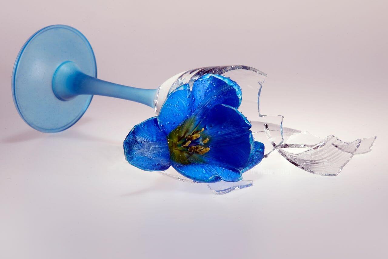 Artistic composition of a vivid blue flower inside a broken glass against a simple background.